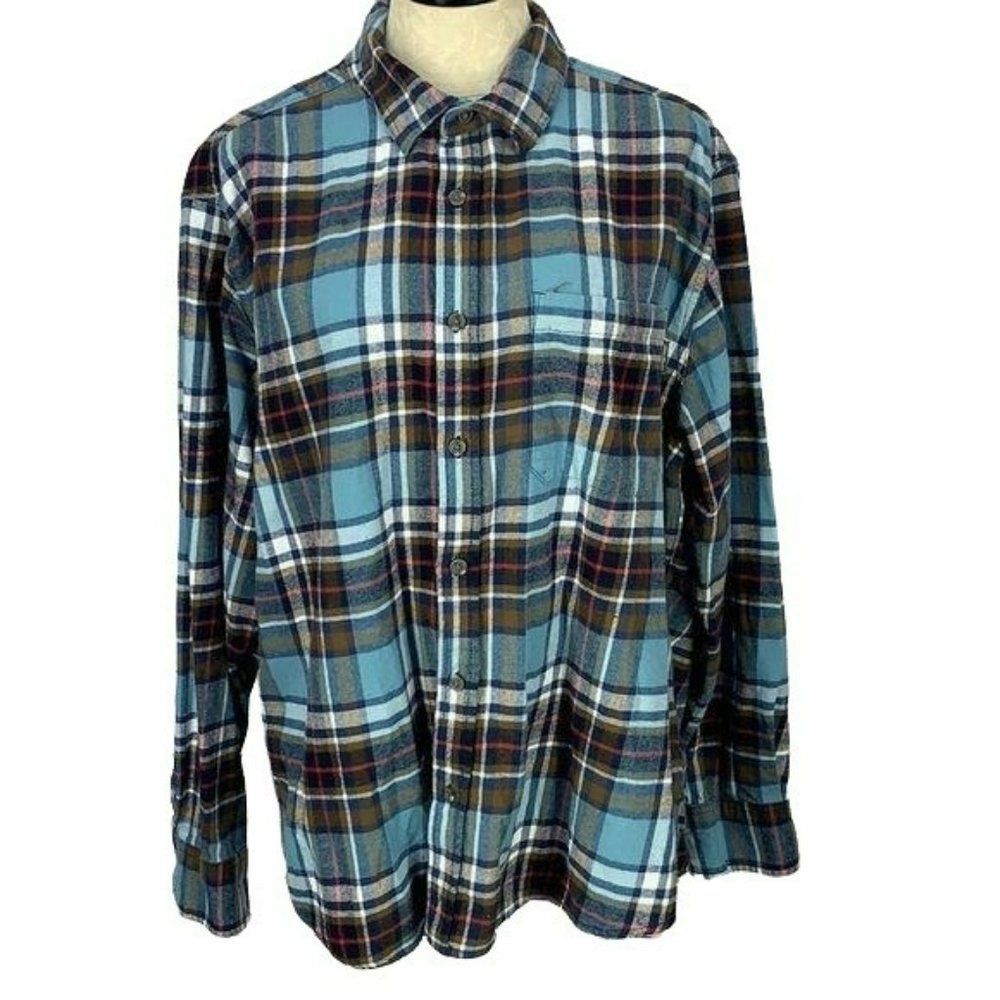 Eddie Bauer Men's Flannel Blue‎ Paid Long Sleeve Button Down Shirt XXL